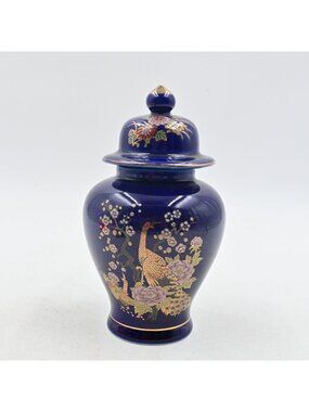 Japan Cobalt Blue  Peacock Floral Porcelain Ginger Jar Lid Gold Vintage Vase 6"